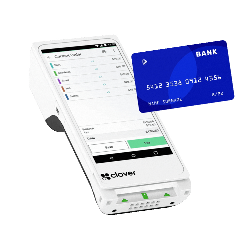 A Clover Flex terminal taking a contactless card payment, totalling $135.60